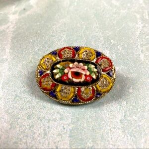 Vintage Micro Mosaic Made in Italy brooch with rose design oval shape